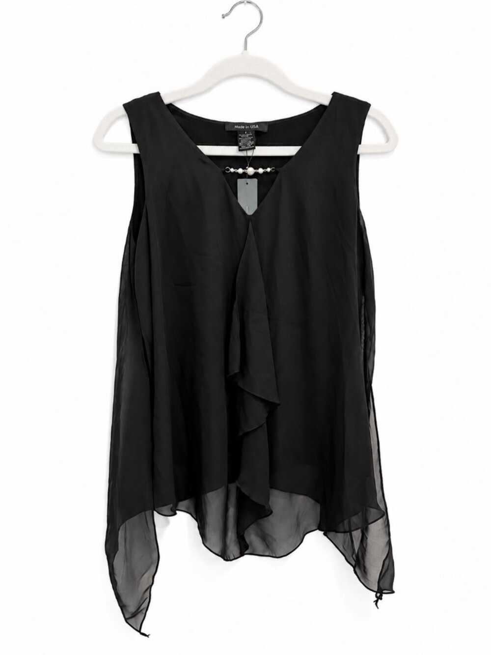 Adele & May Black Chiffon Pearl Embellished Asymmetrical Top NWT